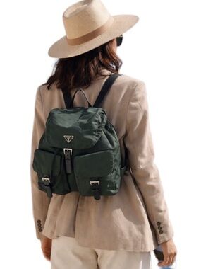 PRADA Vela Double Front Pockets Nylon Backpack Green COA & Dust Bag Medium